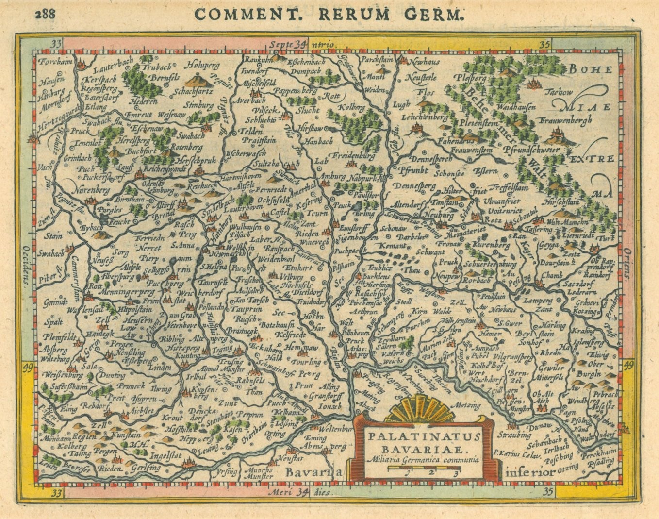 Ein altes Deutschland-Karte mit den Provinzen Pfalz und Bayern, begleitet von Text.