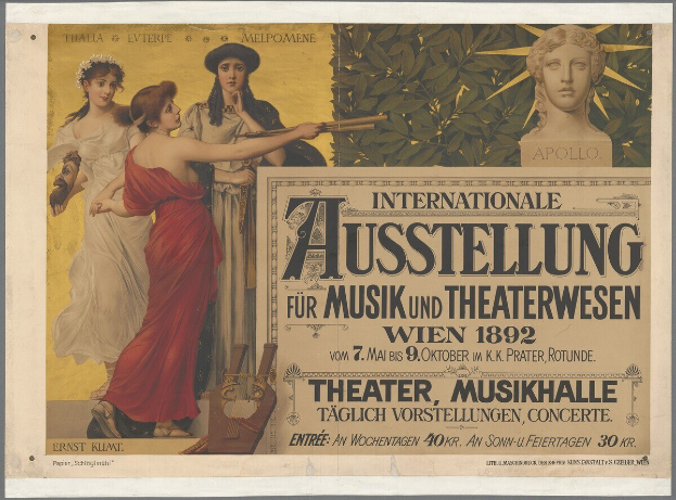 Plakat für die Internationale Ausstellung für Musik und Theaterwesen in Wien, Österreich, das eine Gruppe von Menschen in einem Kreis mit einer Frau, die ein Musikinstrument hält, in der Mitte zeigt und Text, der Veranstaltungseinzelheiten bereitstellt.