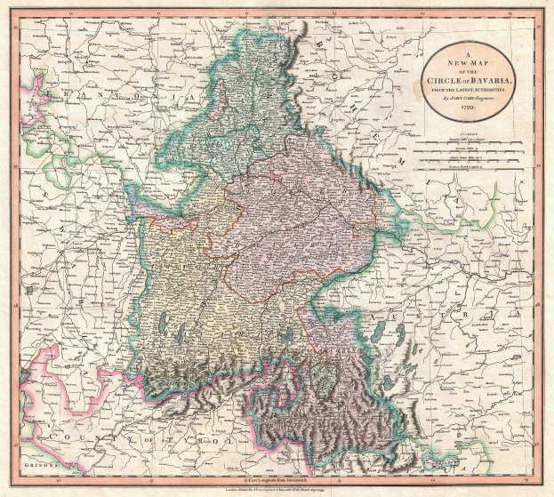 Ein gerahmtes Plakat einer Karte von Bayern, Deutschland, mit umliegenden Provinzen von Deutschland und Österreich.