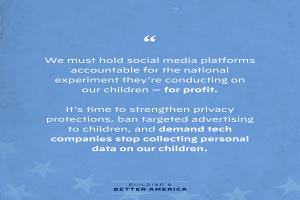 Ein Plakat mit einem Zitat aus 'Building a Better America', das besagt: 'Wir müssen Social-Media-Plattformen für das nationale Experiment zur Rechenschaft ziehen, das sie an unseren Kindern durchführen - zum Profit.', dekoriert mit Sternen.