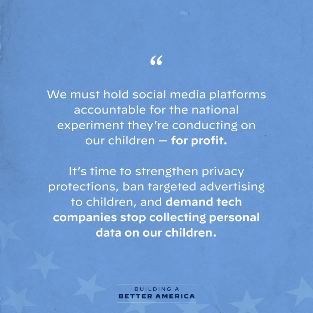 Ein Plakat mit einem Zitat aus 'Building a Better America', das besagt: 'Wir müssen Social-Media-Plattformen für das nationale Experiment zur Rechenschaft ziehen, das sie an unseren Kindern durchführen - zum Profit.', dekoriert mit Sternen.
