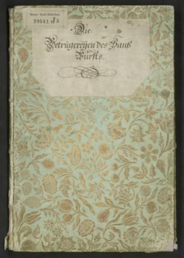 Altes Buch mit floralem Cover-Design und schwarzem Hintergrund, betitelt "Die Betrugereierten der Bank fürs" (übersetzt als "Die Bank der Bank von Deutschland").
