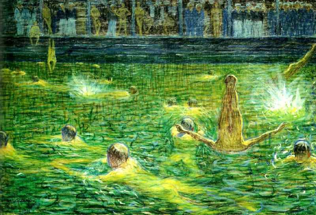 Ein Gemälde namens "Das Schwimmbad" von KÜNSTLER, das eine Gruppe von Menschen zeigt, die fröhlich in einem Gewässer schwimmen, mit einem Gebäude im Hintergrund.