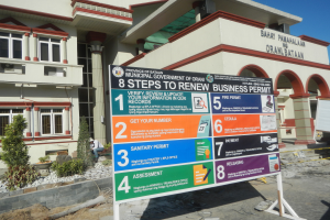 Ein Gebäude mit Fenstern, Säulen und Bögen, ein Schild mit der Aufschrift "8 Schritte zur Erneuerung der Geschäftsbewilligung" und eine Person, die auf dem Boden sitzt und von Pflanzen, Steinen und Bäumen umgeben ist, unter einem bewölkten Himmel.