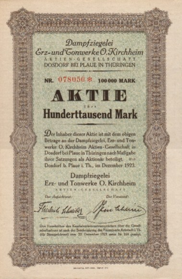 Altes deutsches Aktienzertifikat mit einem Porträt eines Mannes und gedrucktem Text, der wahrscheinlich den Ursprung der Aktie beschreibt.