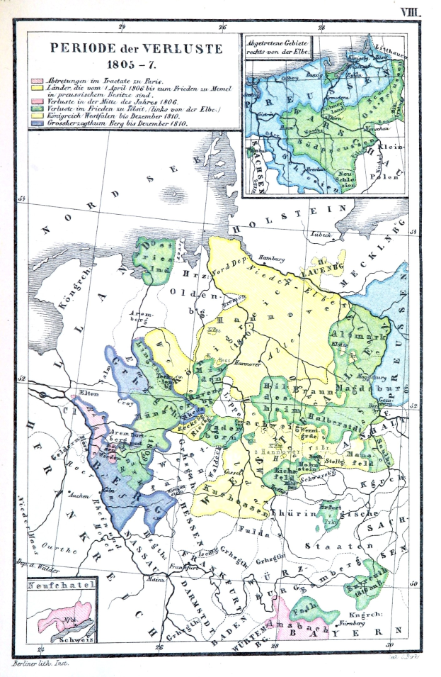 Eine Posterkarte von Deutschland während der Verluste-Zeit, mit farbigen Regionen und beschrifteten Städten, Dörfern und geografischen Merkmalen.