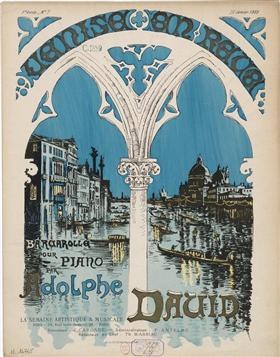 Plakat für ein Klavierkonzert in Venedig, Italien, mit einem Bild von Gebäuden, Wasser und einer Säule mit Text.