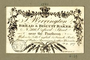 Alte Visitenkarte mit einer Zeichnung eines Werrington-Brot- und -Keks-Bäckers und Text, der das Angebot der Bäckerei beschreibt.