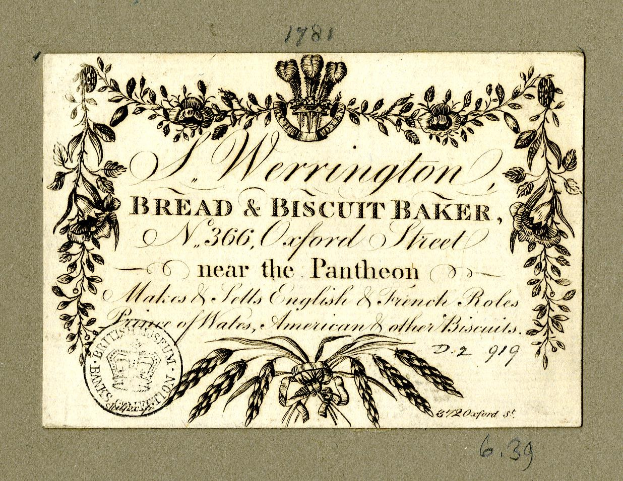 Alte Visitenkarte mit einer Zeichnung eines Werrington-Brot- und -Keks-Bäckers und Text, der das Angebot der Bäckerei beschreibt.