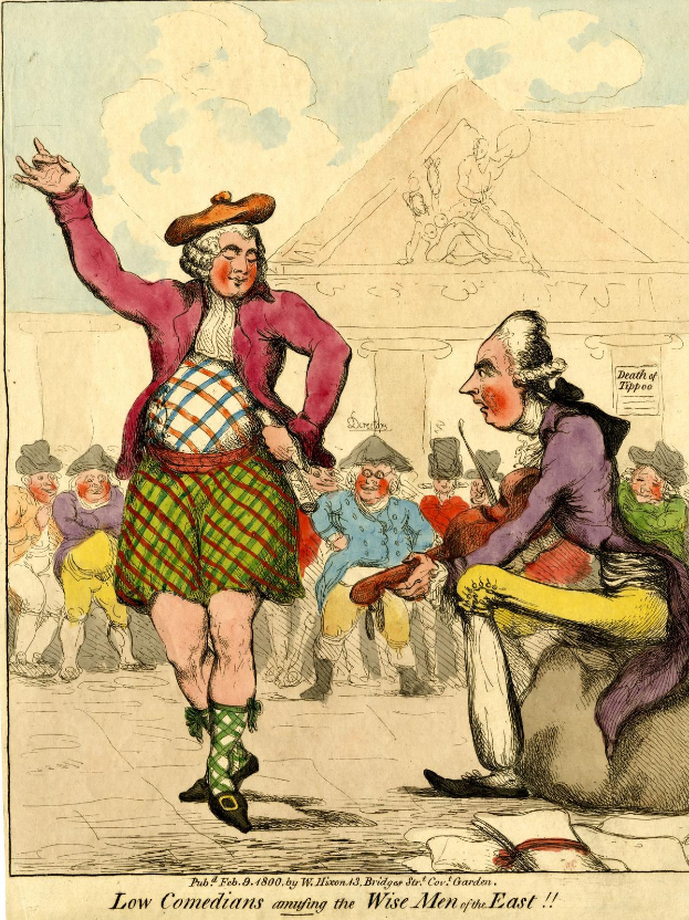 Zeichnung eines Mannes in einem Kilt und einer Frau in einem Kleid, die vor einem Publikum auf einer Bühne stehen, mit einem Gebäude im Hintergrund und Wolken am Himmel, und dem Text 'Niedrige Komiker amüsieren die weisen Männer des Ostens' unten.