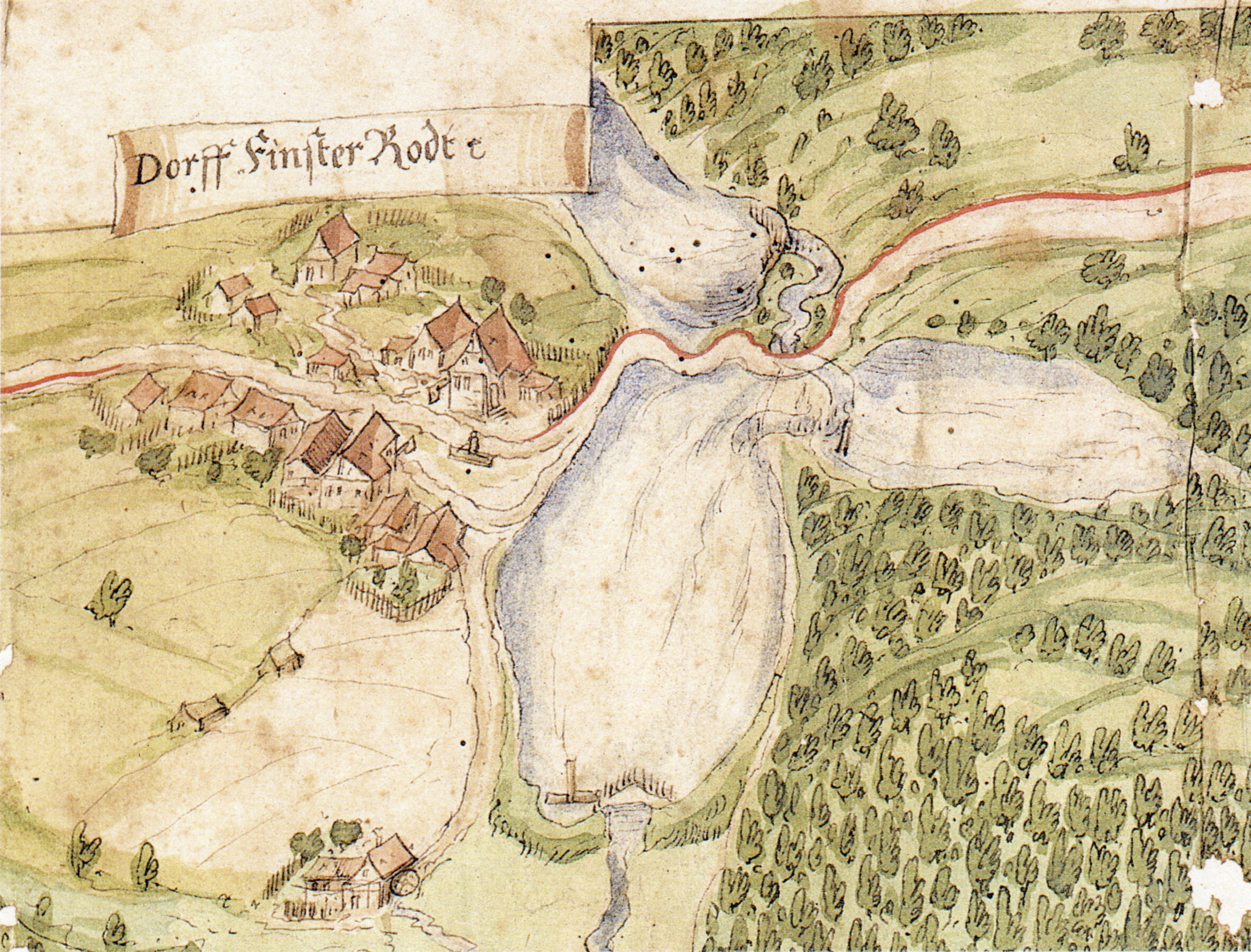 Alte Karte einer Kleinstadt mit einem Fluss, Häusern, Bäumen und Gras, mit Text auf dem Papier.