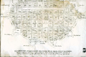Ein altes, detailliertes Stadtplan von Berlin, Deutschland, auf schwarzem Hintergrund, der Straßen, Gebäude, Sehenswürdigkeiten und Text mit Straßennamen und Sehenswürdigkeiten zeigt.