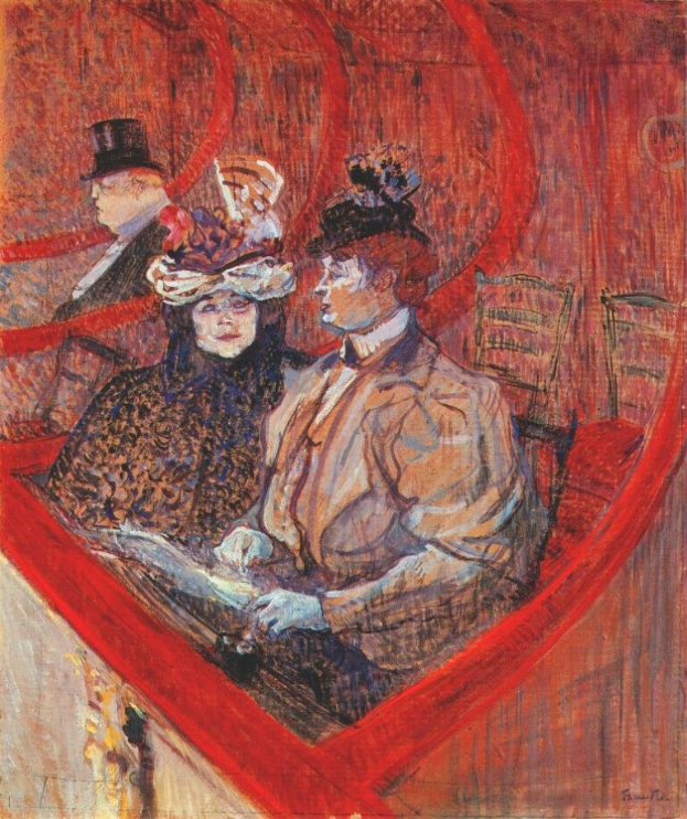 Gemälde mit dem Titel "Die Oper" von Édouard Manet, das zwei formell gekleidete Personen an einem Tisch in einem Raum mit gemustertem Tapeten und einer Stadtlandschaft durch ein großes Fenster sowie eine dritte Person im Hintergrund zeigt.