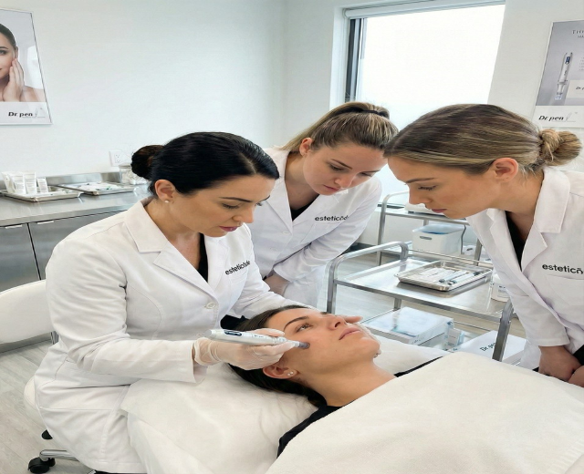 Eine zeitgemäße Kosmetikpraxis: Drei Fachkräfte in weißen Laborkitteln führen konzentriert eine professionelle Gesichtsbehandlung durch. Die Atmosphäre strahlt Präzision und Expertise aus, während moderne Hauttechnologien in einer klinisch reinen Umgebung zum Einsatz kommen.