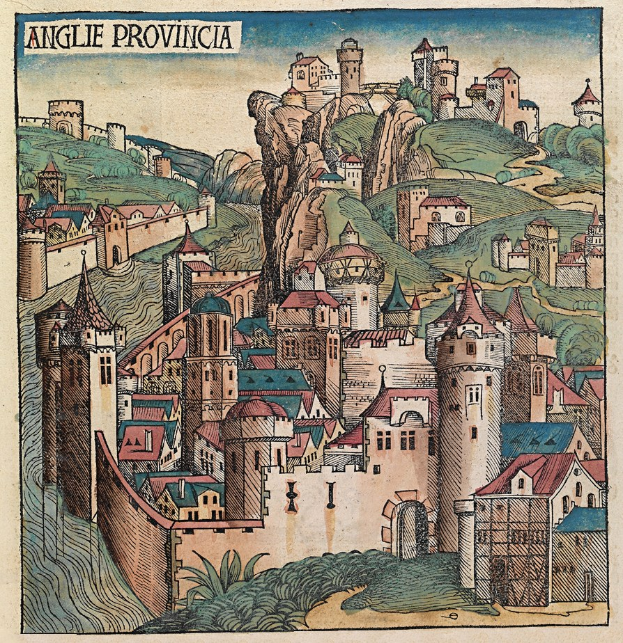 Gravur einer mittelalterlichen Stadt mit einer Burg auf einem Hühgel, umgeben von Gebäuden, Bäumen und einem Himmel, mit Text oben.