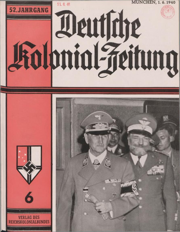 Ein Buchumschlag mit Adolf Hitler umgeben von Menschen in Mützen, betitelt "Deutsches Kolonial-Feitung" und datiert 11/1940.