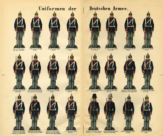 Ein Buch, das ein Raster von verschiedenen deutschen Armee-Uniformen mit unterschiedlichen Designs und Farbschemata zeigt, begleitet von beschreibendem Text.