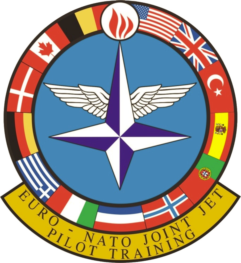 Blauer Kreis mit einem weißen Stern in der Mitte, umgeben von vierfarbigen Flaggen, mit 'NATO Joint Jet' in weißer Schrift.