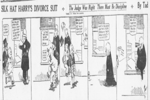 Ein Cartoon von einem Mann in einem schwarzen Anzug und einer Frau in einem eleganten Kleid mit einem schwarzen Schultertuch, beide mit ernsten Gesichtern, die etwas Wichtiges besprechen, mit dem Text 'Scheidungsklage' auf dem Bild.