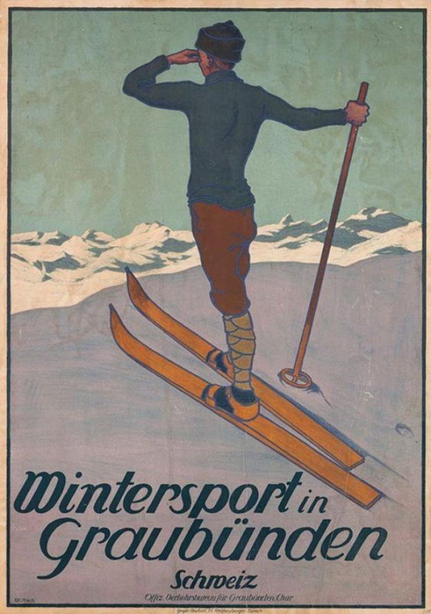 Ein Plakat, das einen Wintersport in Graubünden, der Schweiz, bewirbt, zeigt eine Person auf Skiern mit schneebedeckten Bergen im Hintergrund und Text, der Sportdetails bereitstellt.
