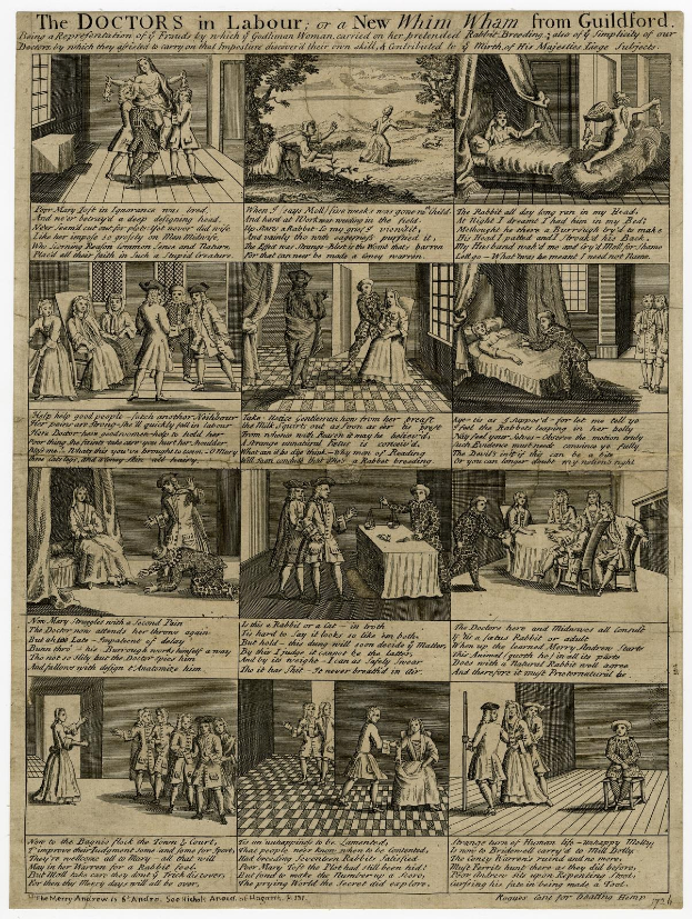 Ein Blatt mit Bildern und Text, das ärzte bei der Arbeit oder einen neuen Wahn aus Guildford zeigt, mit Illustrationen eines Arztes im Kittel, einer Schwester in einem Kleid und eines Patienten im Krankenhausbett.