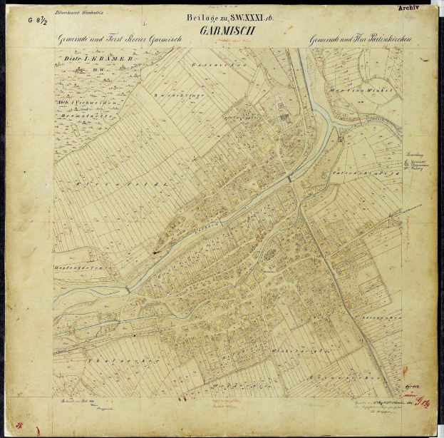 Detailierte alte Karte von Garmisch-Partenkirchen, Deutschland, mit Straßen, Gebäuden und Sehenswürdigkeiten auf schwarzem Hintergrund.
