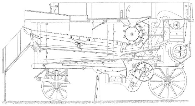 Eine detaillierte Zeichnung einer Dampflokomotive mit einem langen, zylindrischen Körper, flacher Oberseite und vier großen verbundenen Rädern, die verschiedene Komponenten wie den Motor und das Getriebe zeigen.
