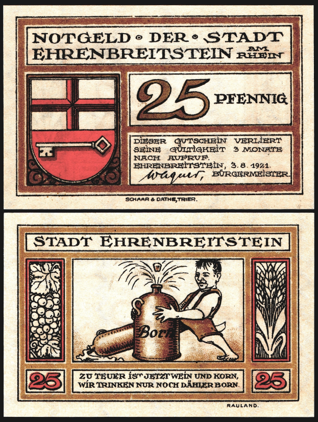 Eine deutsche Banknote mit einem Mann in einem weißen Hemd und blauer Mütze, der eine Bierflasche hält, mit Text einschließlich des Wortes "Beer" und einem gekrönten Schild-Logo.