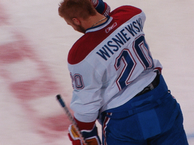 Professioneller Eishockeyspieler in einem "Wisniewski"-Trikot, der einen Hockey-Schläger auf dem Eis hält und konzentriert schaut.