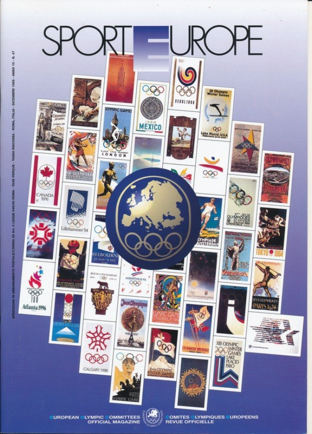 Ein Buchumschlag mit dem Titel "Sporting Europe", der farbenfrohe Bilder und Texte zu den Olympischen Spielen in Europa zeigt, mit fetter weißer Schrift auf einem bunten, detaillierten Design.