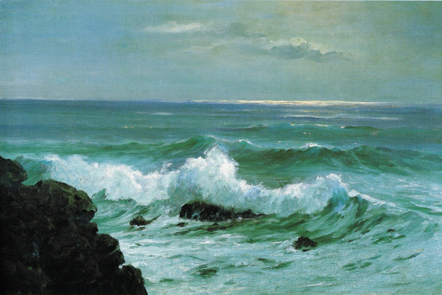 Gemälde namens "Meeresszene mit Wellen" von Albert Bierstadt, das Wellen zeigt, die auf Felsen im Ozean krachen, mit einem wolkenfüllten Himmel.