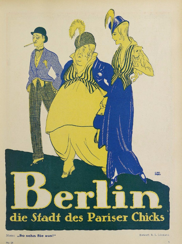 Plakat für ein Berliner Konzert namens "Berlin - Die Stadt des Pariser Chicks", das eine Gruppe von Menschen in bunter Kleidung vor einem Gebäude zeigt, die lächeln und Spaß zu haben scheinen.
