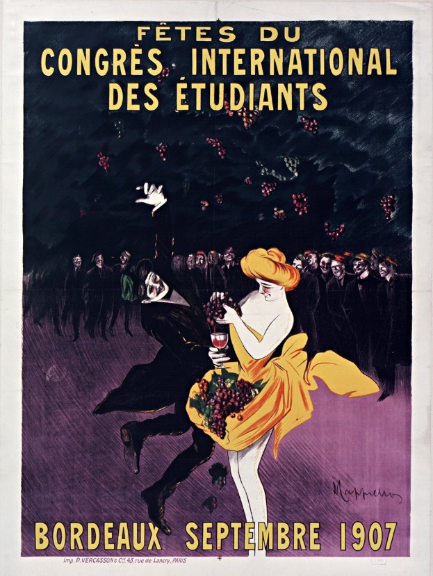 Plakat aus dem Jahr 1907 für eine Weinprobe in Bordeaux, Frankreich, mit einer Frau in gelbem Kleid, die ein Weinglas hält und von einer Menge umgeben ist, mit Veranstaltungstext.