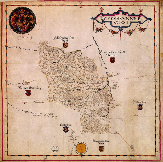 Eine detaillierte Karte von Bayern aus dem 15. Jahrhundert, die Flüsse, Berge und Städte zeigt und von Text und Logos begleitet wird.