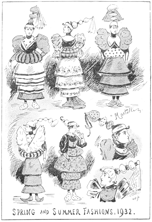 Eine Zeitschrift mit einer Zeichnung von mehreren Frauen in Frühjahrs- und Sommerkleidern aus dem Jahr 1932, begleitet von beschreibendem Text.