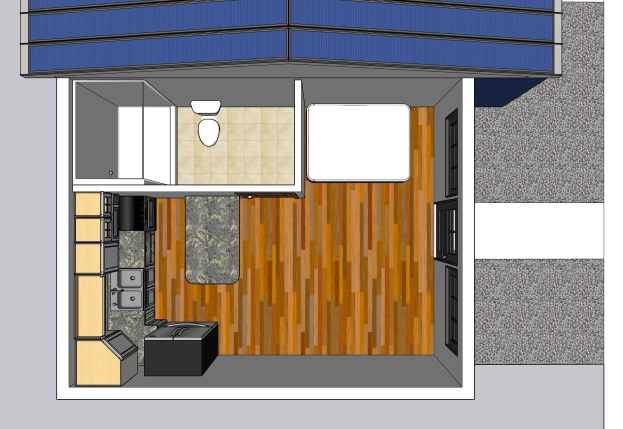 Grundriss eines Tiny House mit Küche und Wohnbereich, einschließlich Toilette, Spüle, Schränken und anderen Einrichtungsgegenständen.