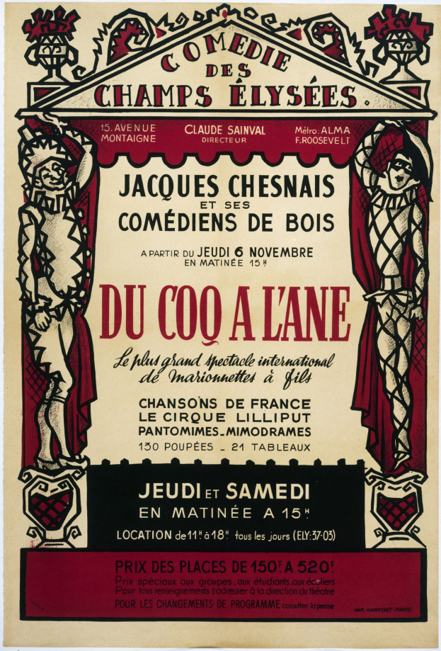 Plakatankündigung für eine Comedy-Show auf den Champs-Élysées in Paris mit Text und Bildern