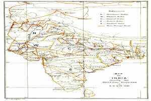 Ein detaillierter politischer Stadtplan des Indischen Reichs, der Staaten und Territorien mit Text und Linien zeigt.