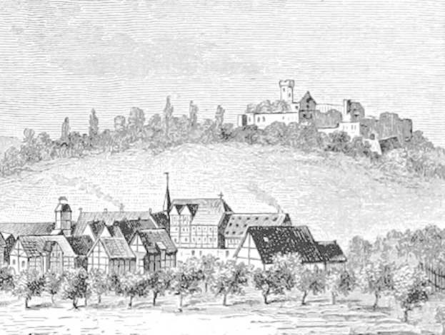 Schwarze und weiße Zeichnung von Heidelberg, Deutschland aus dem Jahr 1885, zeigt eine Burg auf einem Hügel umgeben von Bäumen und Gebäuden.