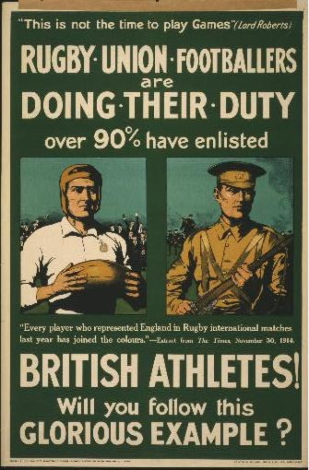 Britische Rugby-Union-Spieler in einem Plakat, das zur Einberufung aufruft und über ihre Aufgaben und Statistiken informiert.