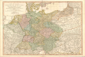 Karte des Deutschen Reichs mit Nachbarländern und ihren Hauptstädten, gedruckt auf Papier mit detaillierten Texten über die Region.