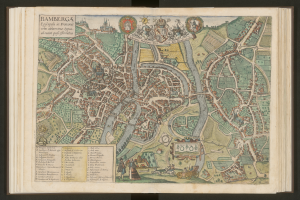 Ein altes Buch mit einer detaillierten Karte von Bamberg, Deutschland, mit Straßen, Gebäuden und Sehenswürdigkeiten.
