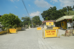 Gelbes "Langsam durch Schulzone"-Schild auf der linken Seite einer Straße mit parkenden Fahrzeugen auf der rechten Seite, Bäumen, Gebäuden, Strommasten, Drähten und Himmel im Hintergrund.
