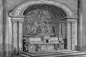 Eine Schwarzweiß-Radierung eines Kircheninneren mit einer Skulptur an der Wand, Säulen, Stufen, die hinaufführen, und einem Text unten, der 'Taufe Christi' lautet.