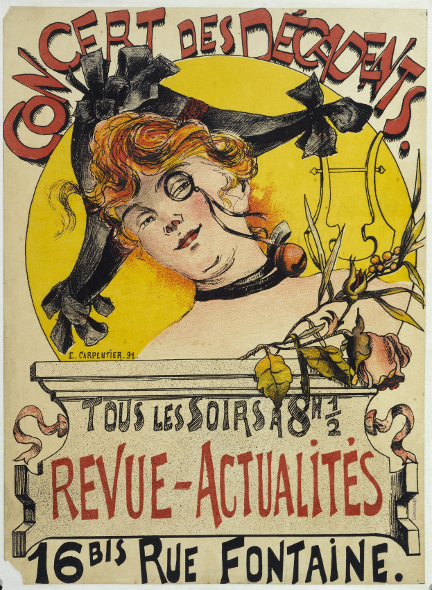 Plakat für ein Konzert der Decadents mit einer Illustration einer Frau mit einem menschlichen Gesicht und Text mit Veranstaltungseinzelheiten.