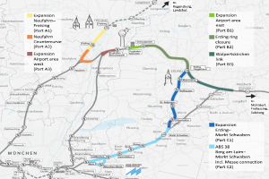 Eine detaillierte Karte einer Stadt mit einer hervorgehobenen Zugroute von München nach Frankfurt, die Halte, die Umgebung und Zugdetails wie Länge und Entfernung zeigt.