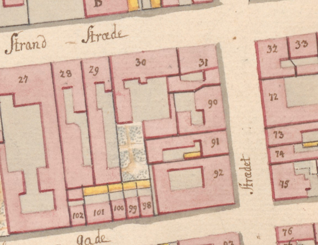 Ausführliche alte Stadtplan von einer Stadt mit zahlreichen Gebäuden, wahrscheinlich ein Plan von Strand, Deutschland, zeigt Straßen, Strukturen und andere Merkmale.