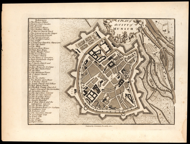 Ein detaillierter alter Stadtplan von München, Deutschland, auf einem schwarzen Hintergrund, der Straßen, Gebäude und Sehenswürdigkeiten mit beschriftetem Text zeigt.