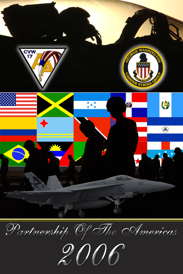 Ein Plakat mit einem zentralen Kampfflugzeug, umgeben von Menschen und Flaggen, mit einem Flugzeug oben und dem Text "Partnership of the Americas 2006" unten.
