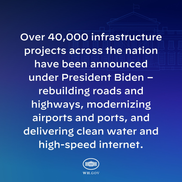 Blauer Hintergrund mit weißer Schrift, die besagt "über 40.000 Infrastrukturprojekte wurden bundesweit unter Präsident Biden angekündigt" und ein Logo unten.